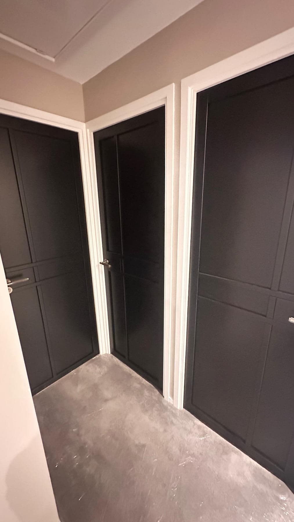 Three doors in a dark finish hung off a landing, with white architrave